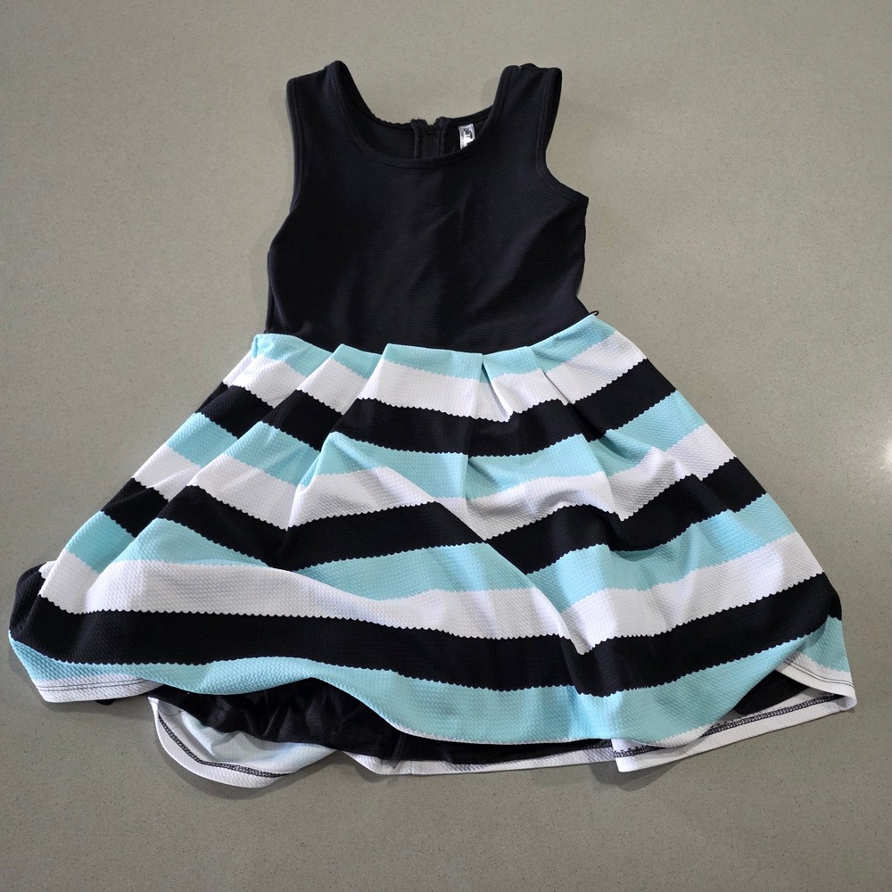 Knit Works Girls Size 14 Black Blue White Striped Sleeveless Fit & Flare Dress